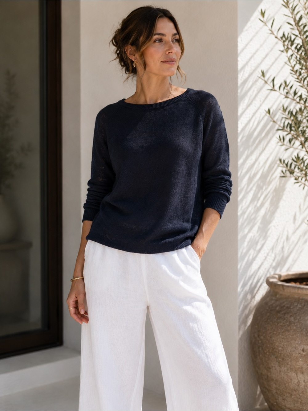 Vince Navy Linen Sweater Coastal Luxury Quiet Luxury Lightweight Size L